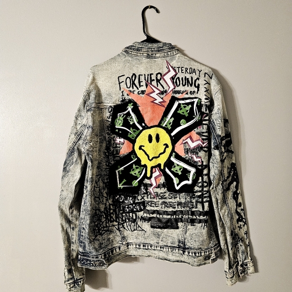Smoke Rise Dnm Co. Adult Size M Distressed Painted Graffiti Denim Jean Jacket - Picture 8 of 14